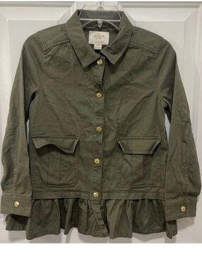 Kate Spade New York Green Ruffled Field Jacket Size 12 Y Gold Buttons Pockets